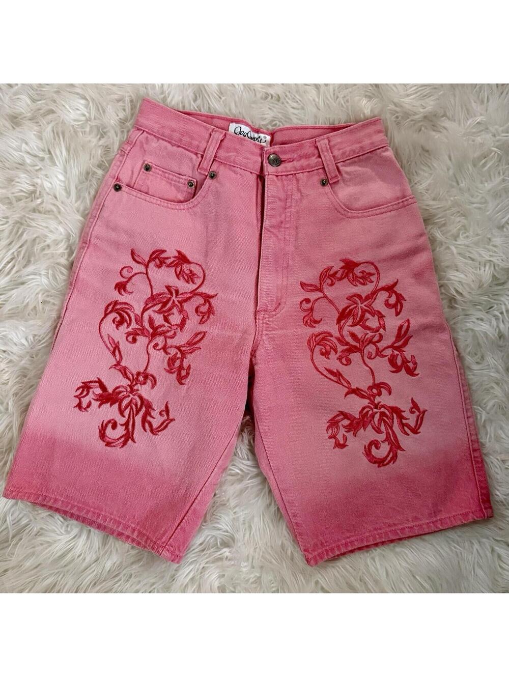 🌸Vintage 90’s Jay Jacob Gorgeous Pink Embroidered Jorts Hig-Rise Rare Goth Girl